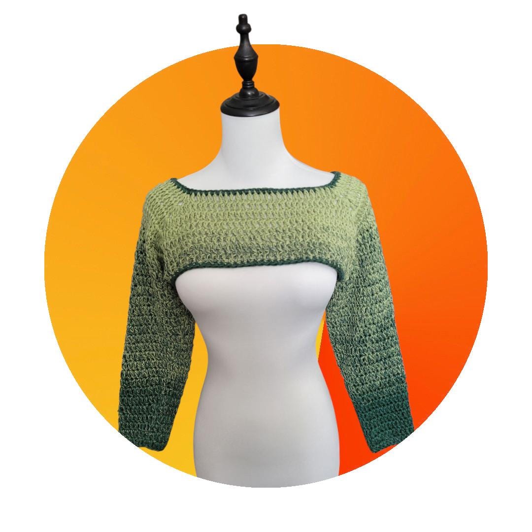 Green crop top, sleeves, bolero. 100% cotton, size M