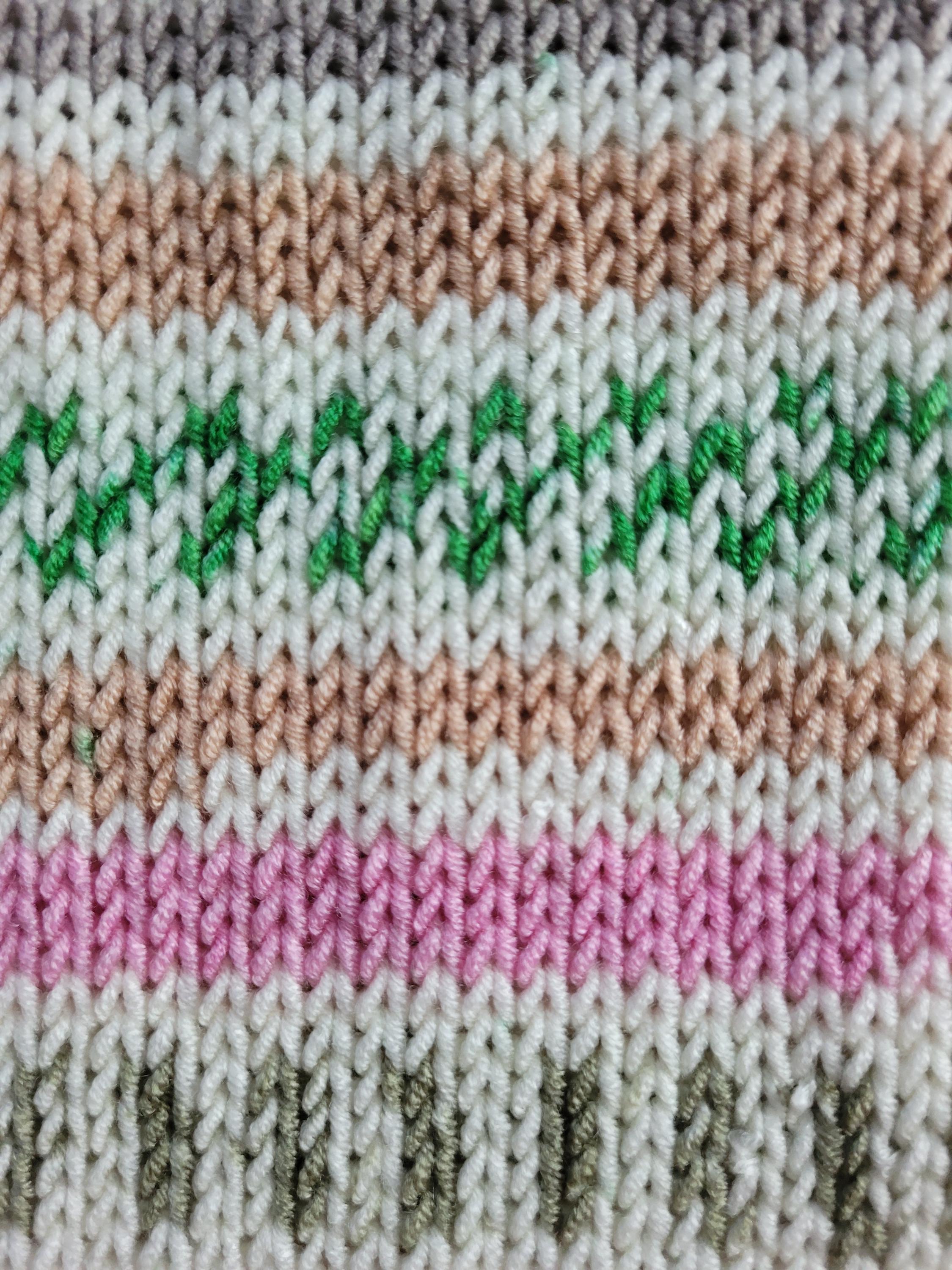 handmade leg warmers, fair isle effect, white, pink and green, acrylic