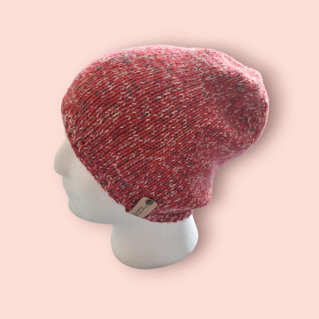 handmade merino wool beanie hat, red marble,  slouchy fit
