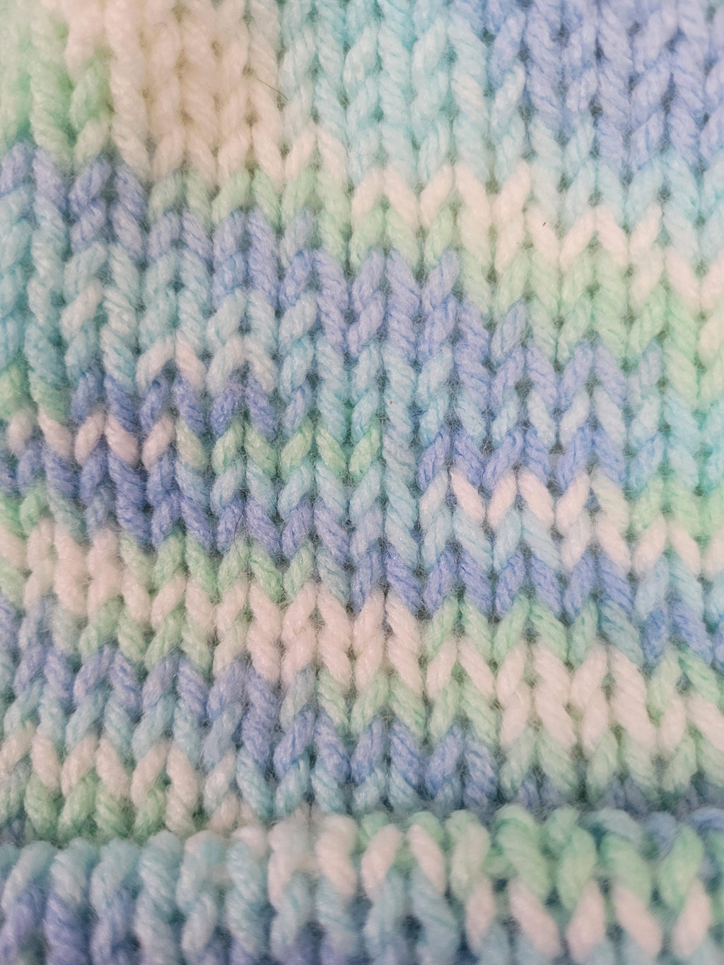 1-2 yo beanie hat, blue,  green and white,  with pompom, winter hat