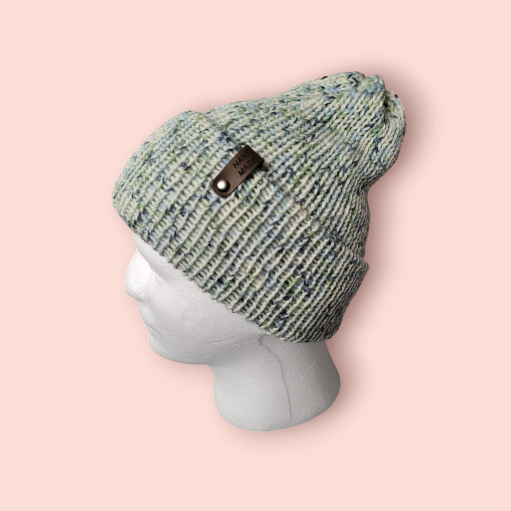 organic merino wool beanie hat, crem, green and blue. Very warm, perfect for winter activities,  breathable