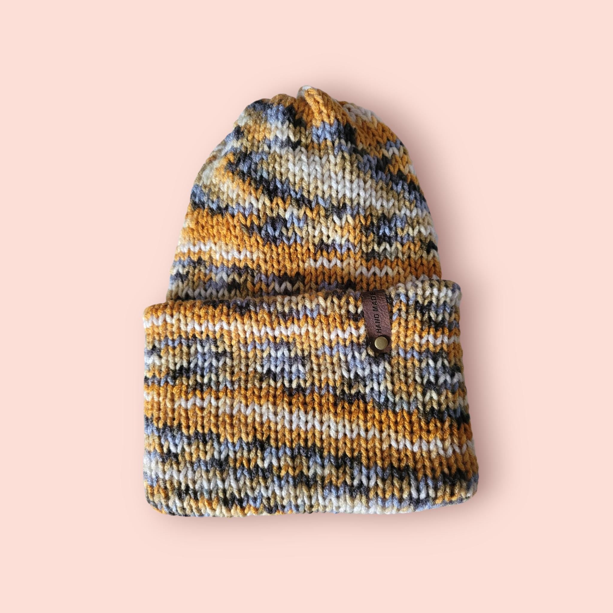 beanie hat, yellow grey white, acrylic  handmade