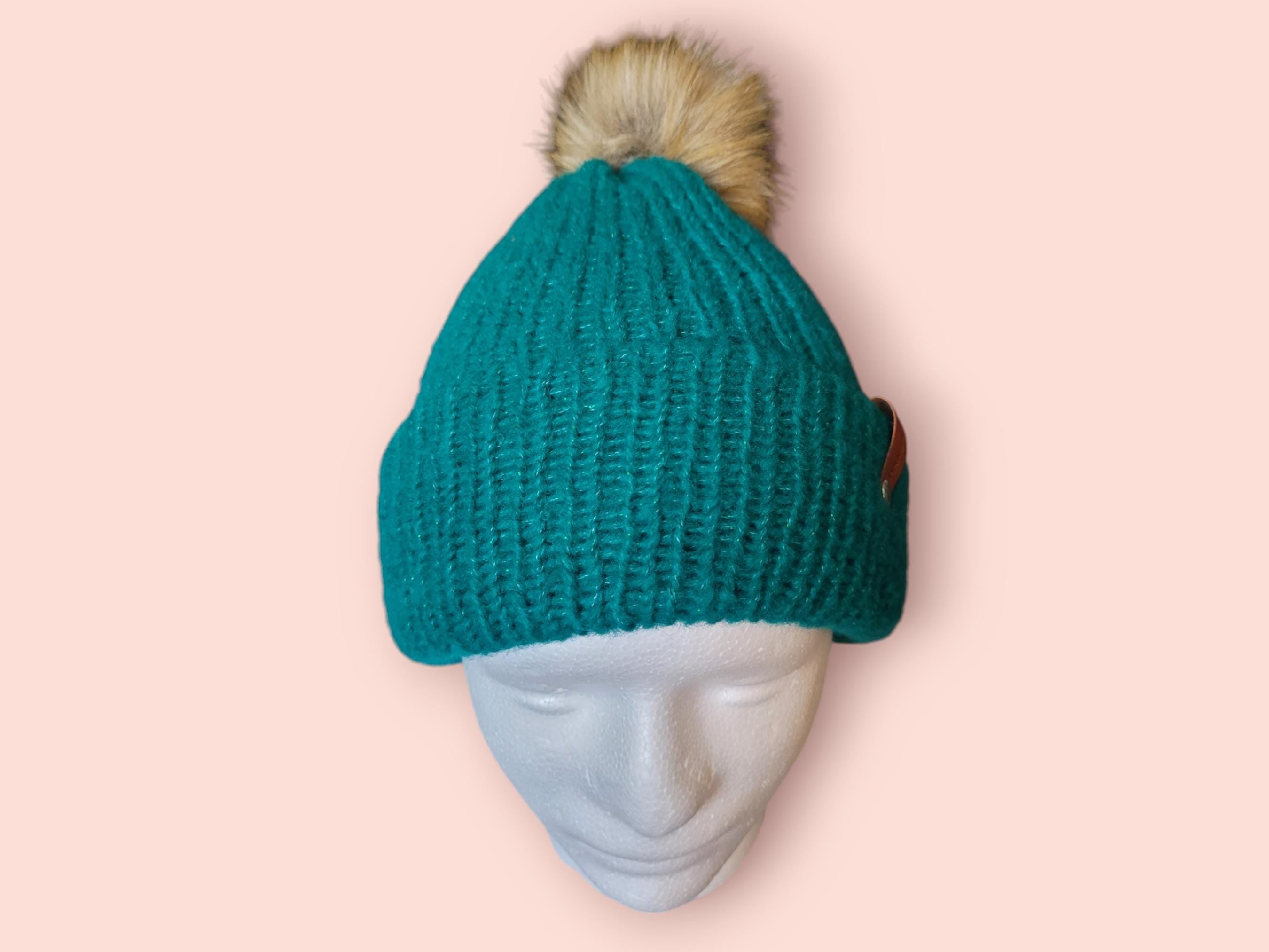 Green/sparkle warm beanie hat with pompom. with wool