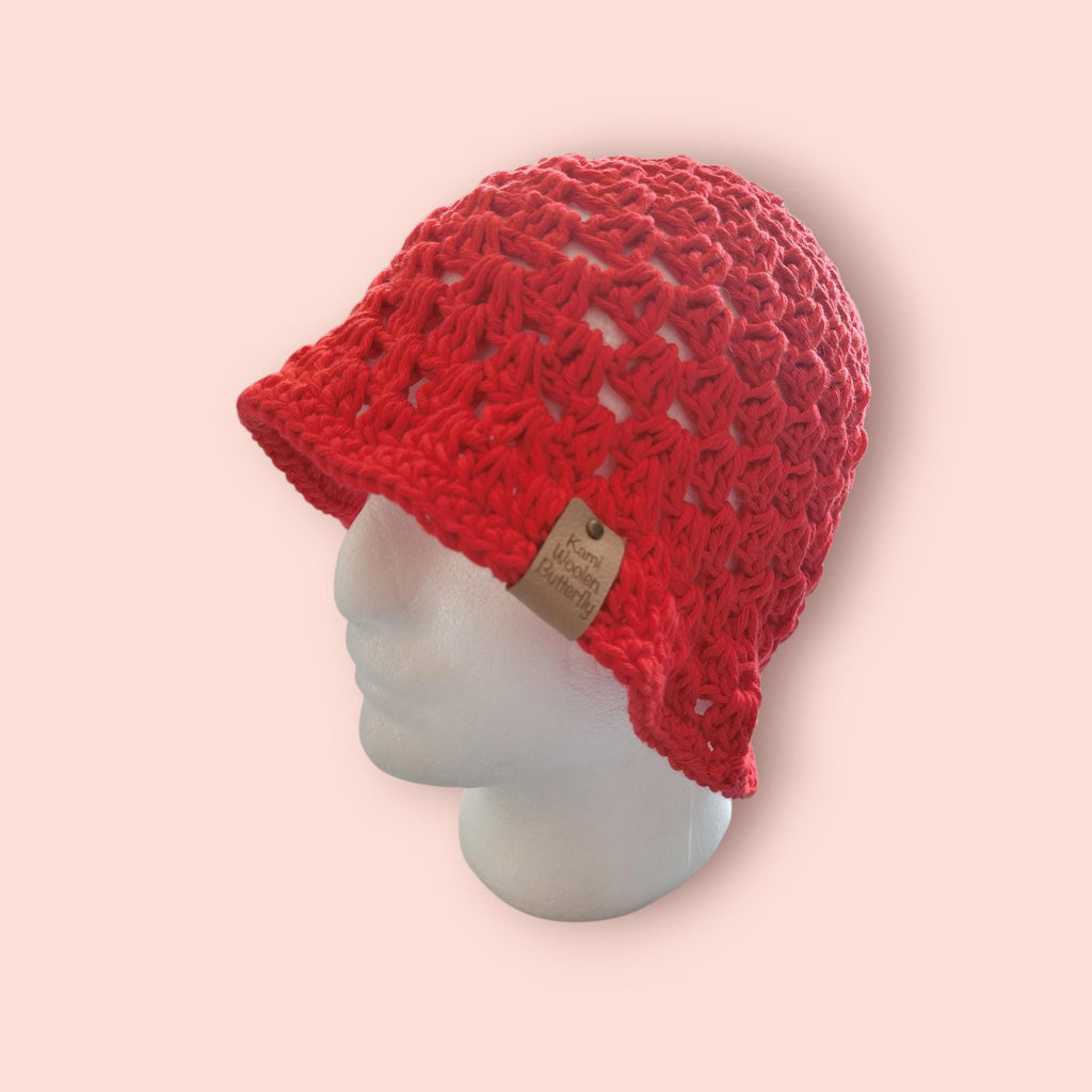 handmade crochet bucket hat,  red, cotton,  festival, holiday,  summer,  beach hat