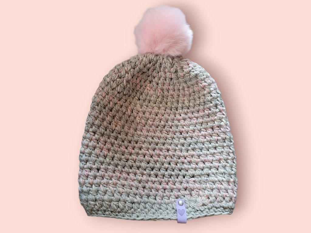 Slouchy beanie, grey/pink crochet hat with merino wool