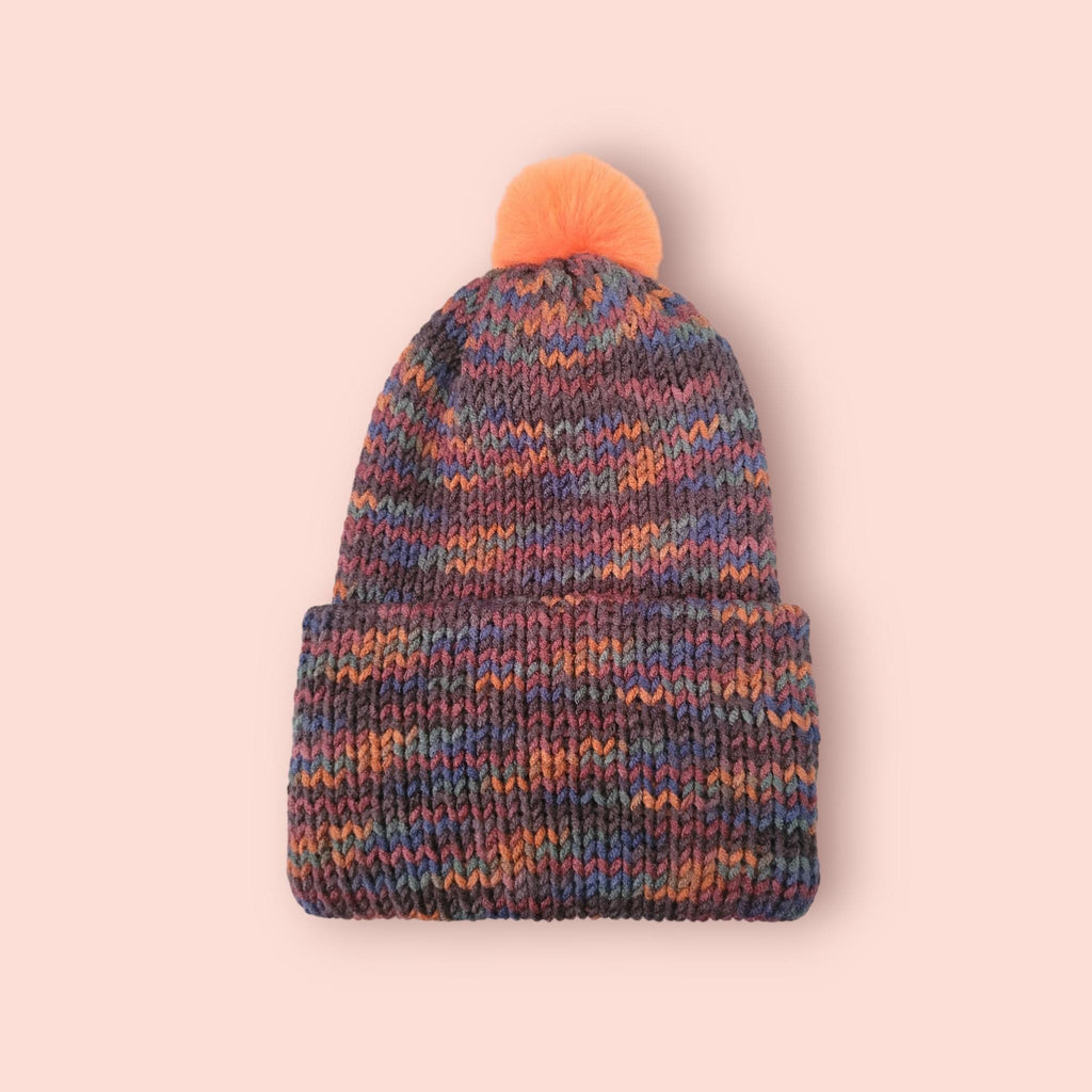 1-2 yo beanie hat, orange and brown with pompom