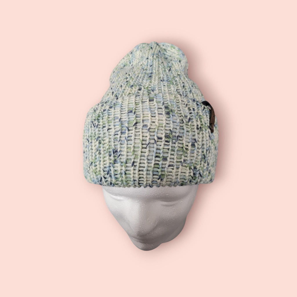 organic merino wool beanie hat, crem, green and blue. Very warm, perfect for winter activities,  breathable