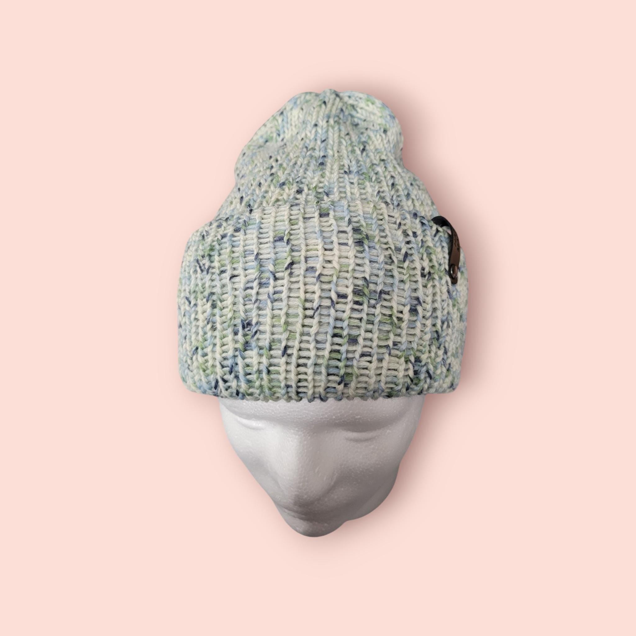 organic merino wool beanie hat, crem, green and blue. Very warm, perfect for winter activities,  breathable