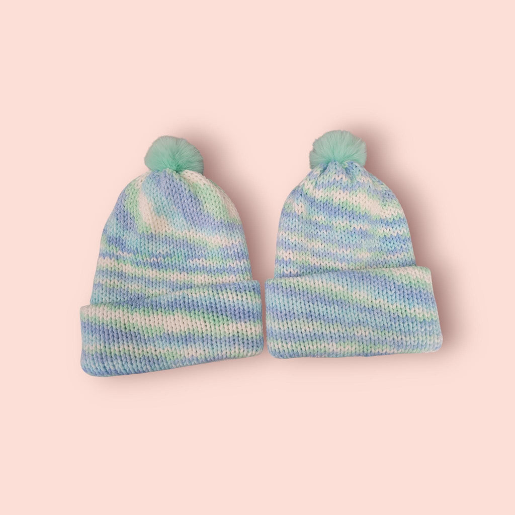 1-2 yo beanie hat, blue,  green and white,  with pompom, winter hat