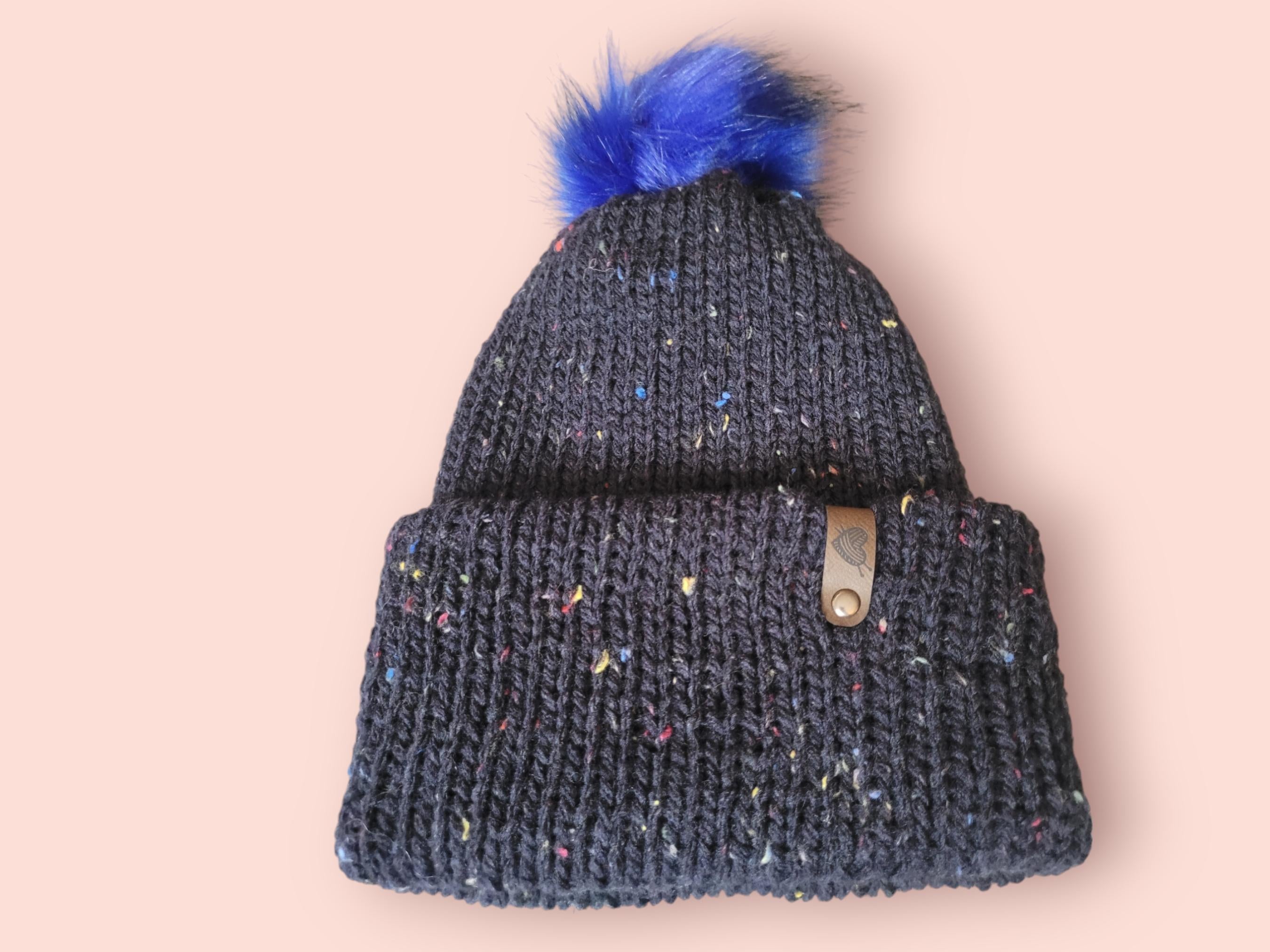 navy tweed beanie hat with wool