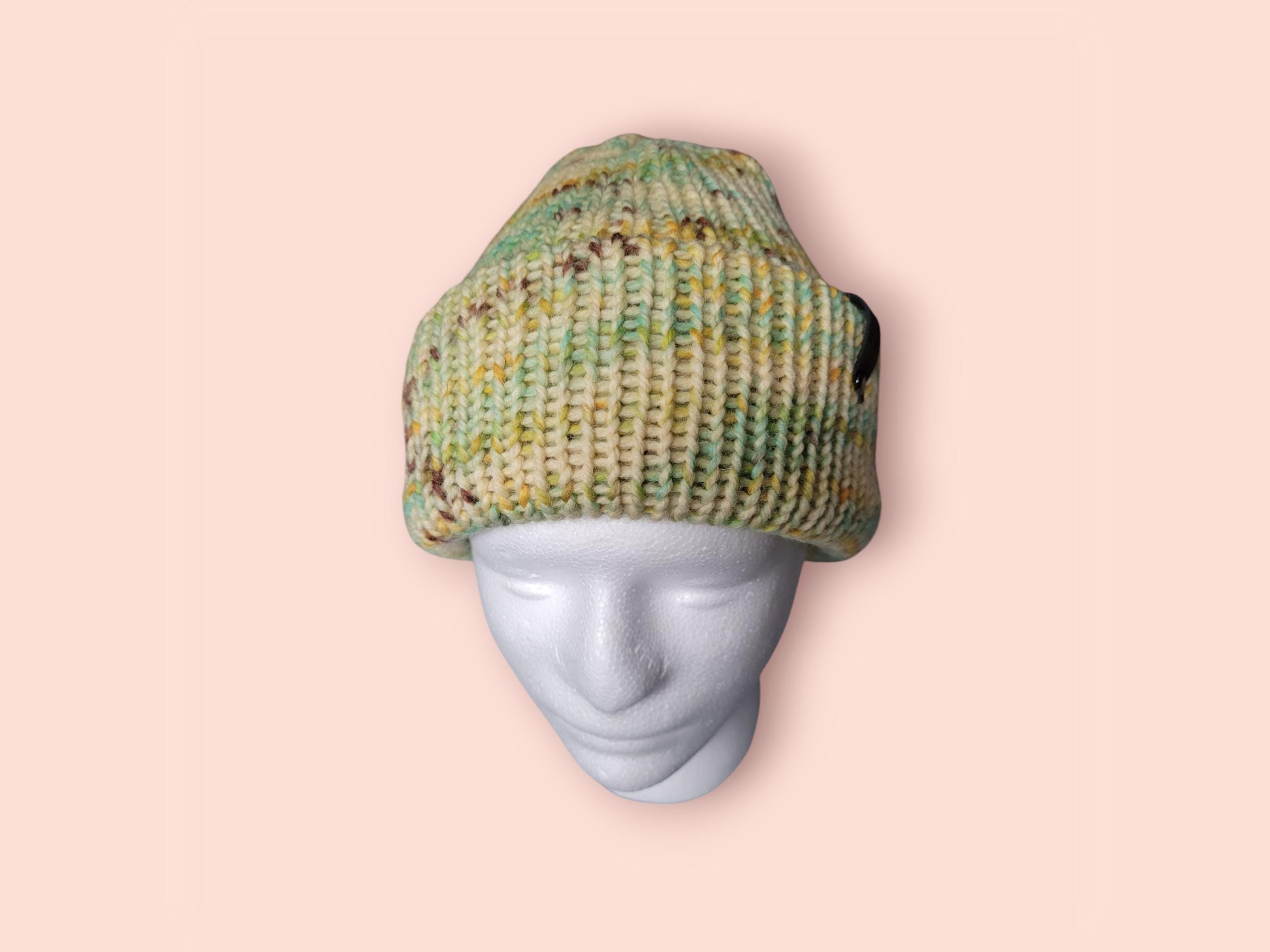 organic pure wool, very warm winter beanie hat, yellow with brown and brown speckles