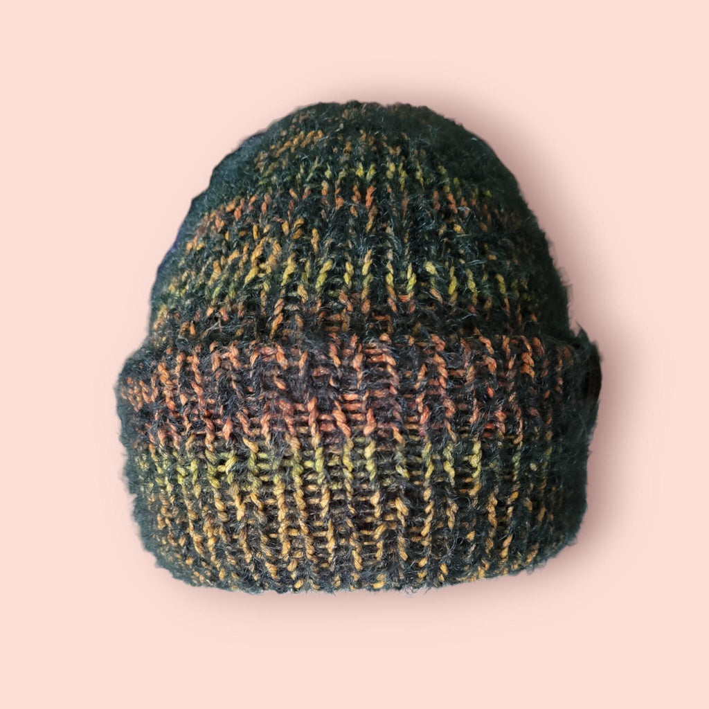 beanie hat, soft,  fluffy, hairy, green, yellow, orange ombre, size S-M