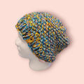 handmade XXL beanie, yellow and blue and other, with merino wool, wool and acrylic