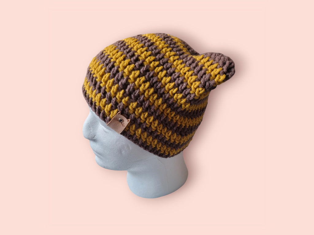 cat beanie hat, mocha brown and honey yellow