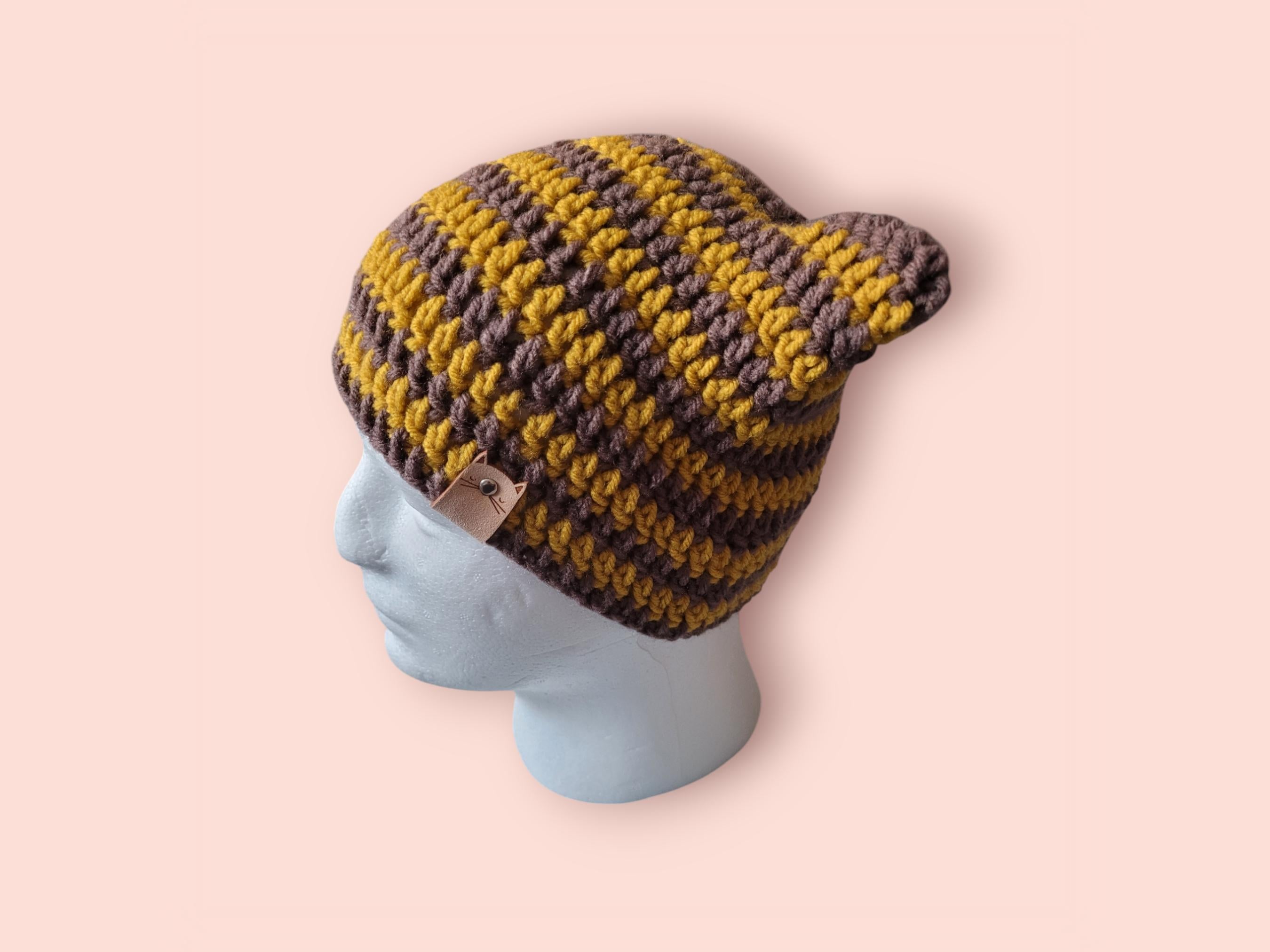 cat beanie hat, mocha brown and honey yellow