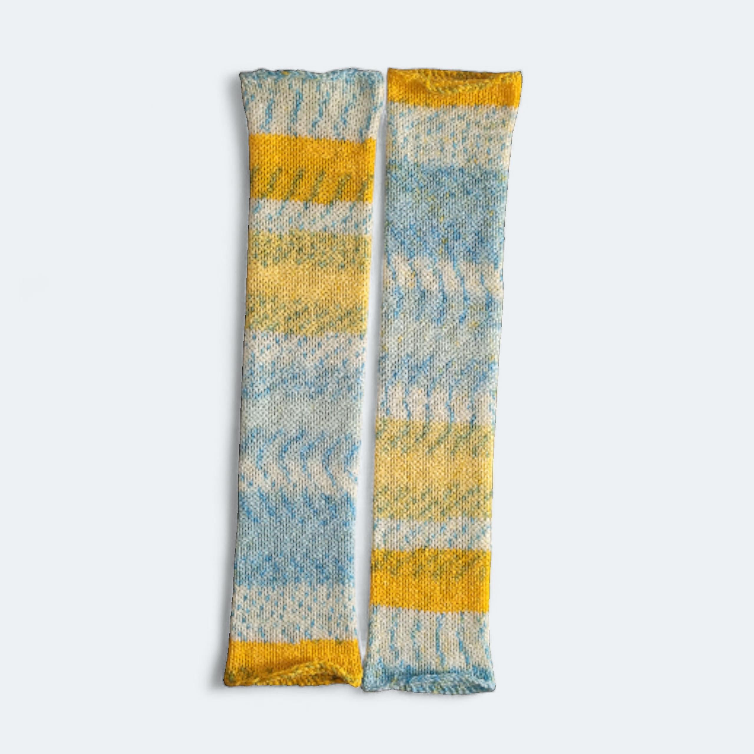 handmade leg warmers, in blues, yellow and white, fair isle, stripes, acrylic