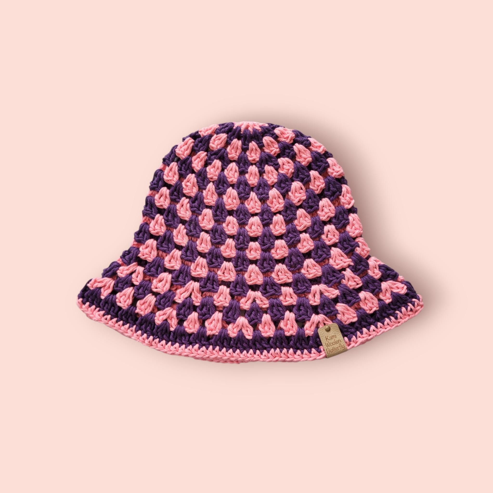 pink and purple bucket hat, festival fashion,  summer and beach hat, handmade,  crochet,  100% cotton