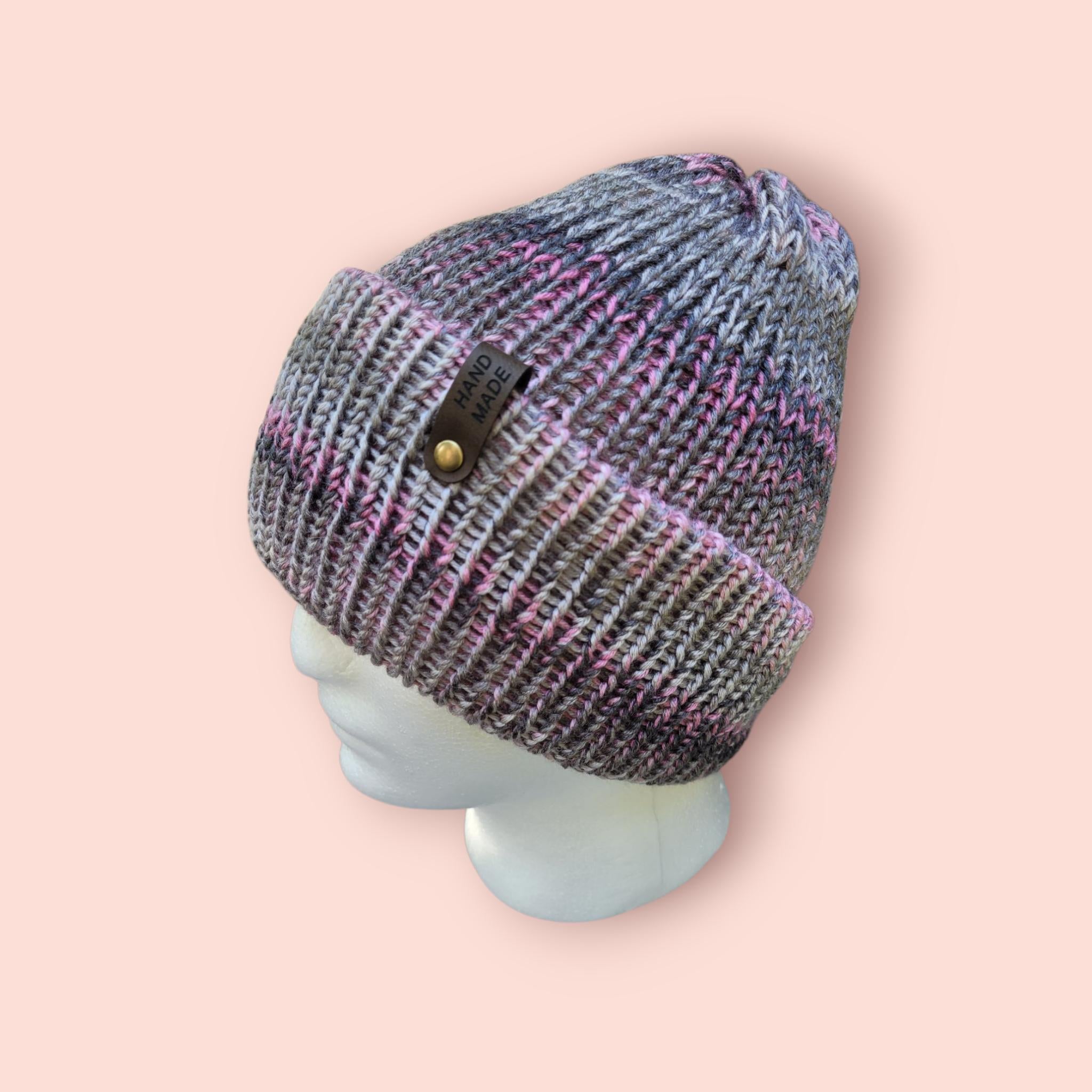 pink and grey ombre effect beanie hat,  with merino wool,  silky touch