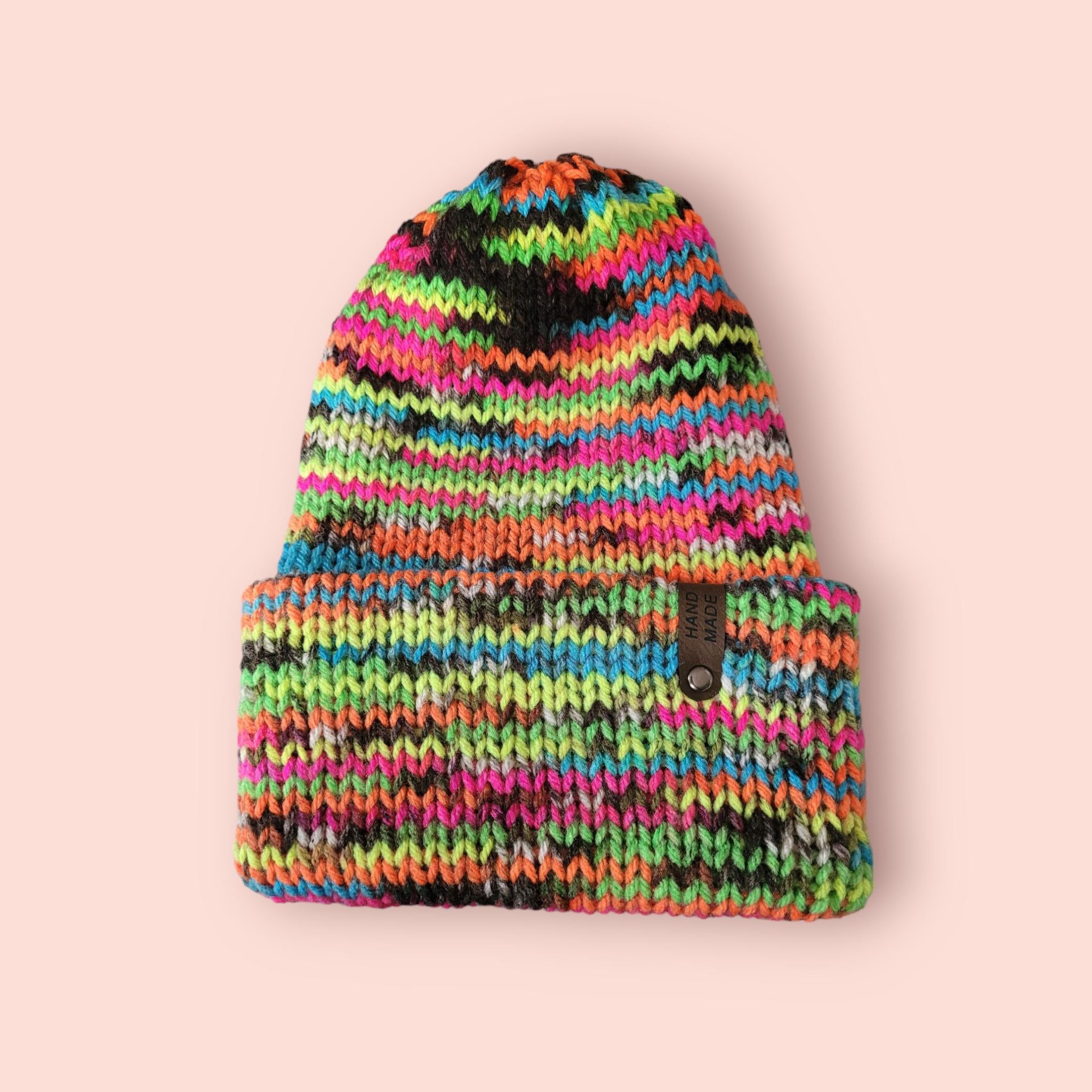 neon black beanie hat, bright colours,  size S -M,  folded brim, double layer, warm beanie, acrylic