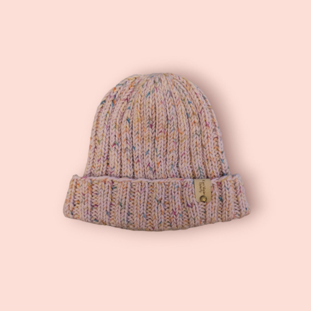 handmade beanie hat, light pink marble, 100% merino wool, stretchy fit