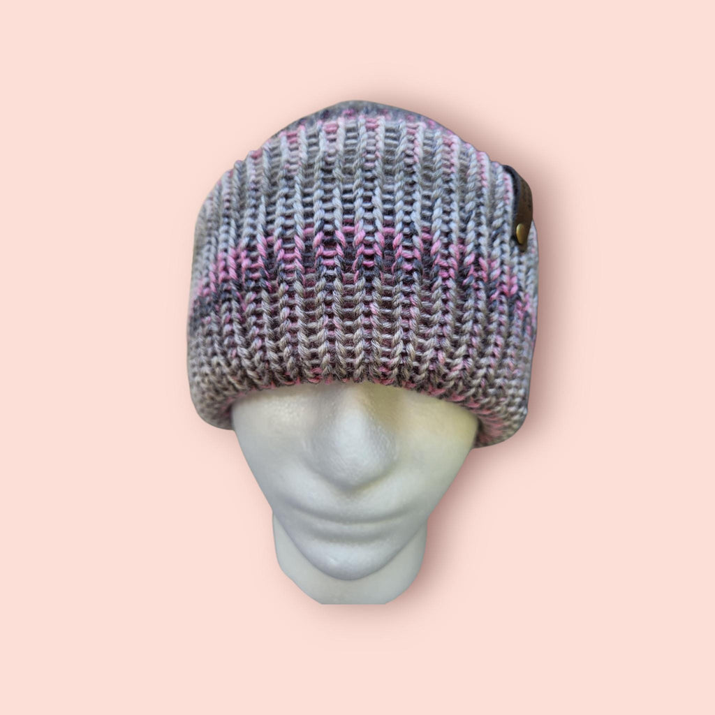 pink and grey ombre effect beanie hat,  with merino wool,  silky touch