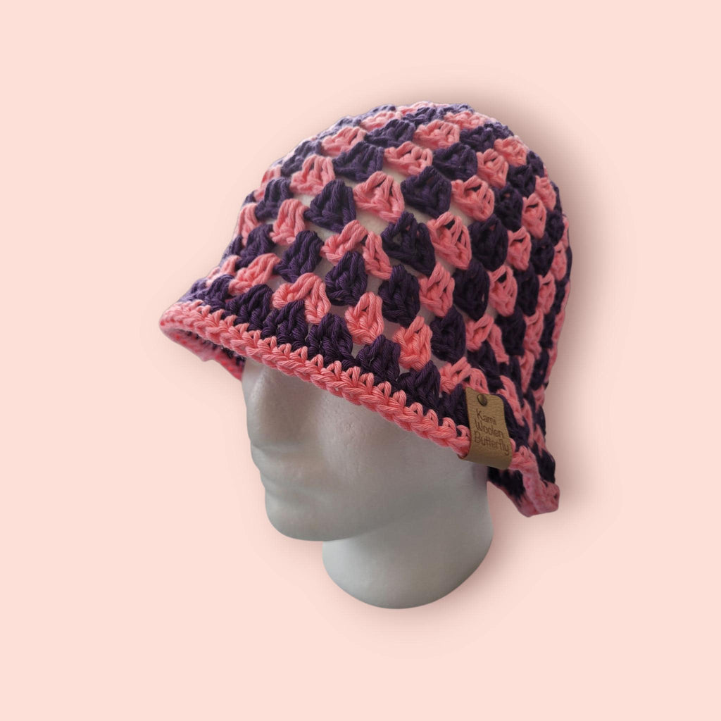 pink and purple bucket hat, festival fashion,  summer and beach hat, handmade,  crochet,  100% cotton