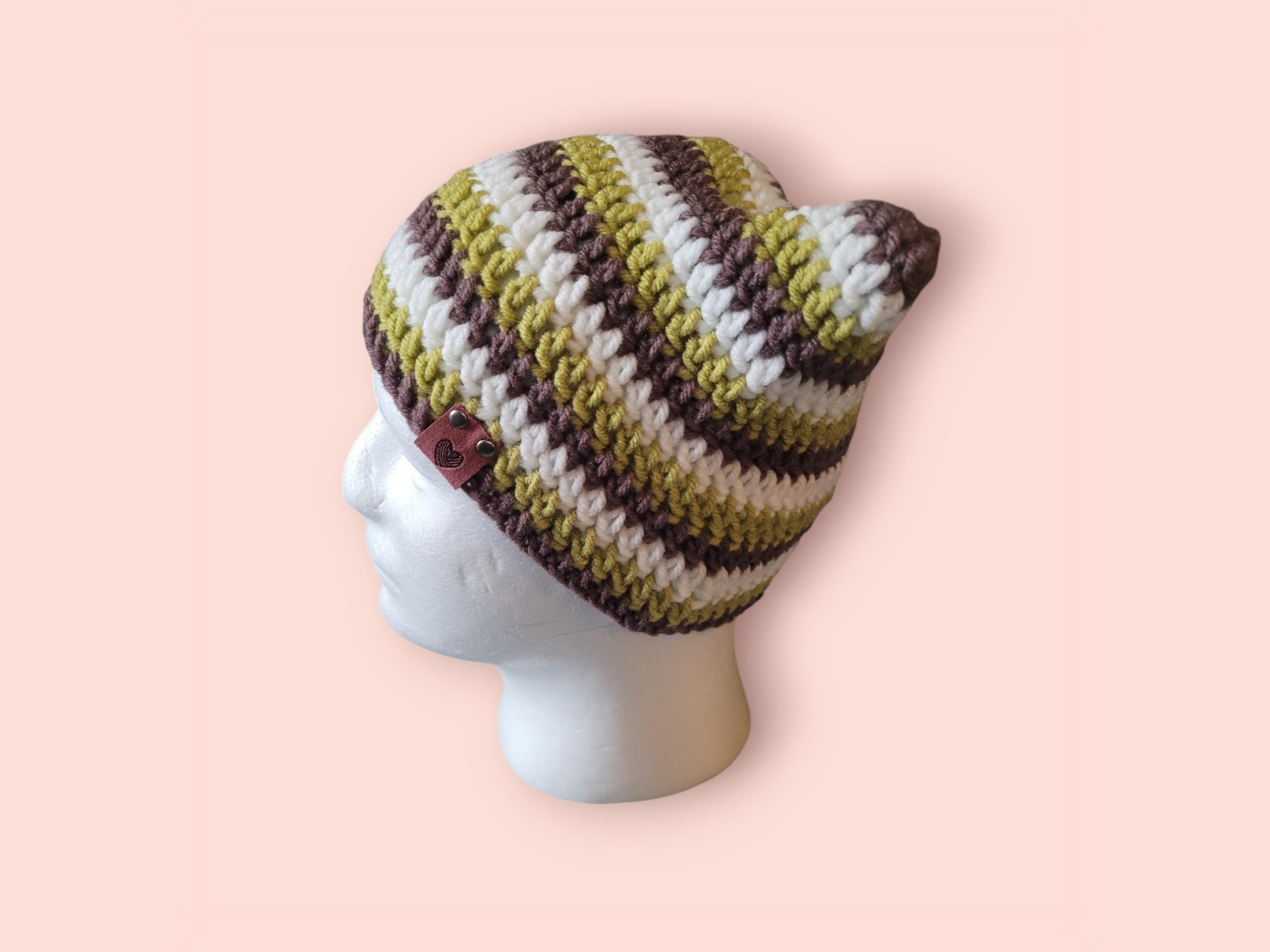 Green white brown cat beanie cat hat