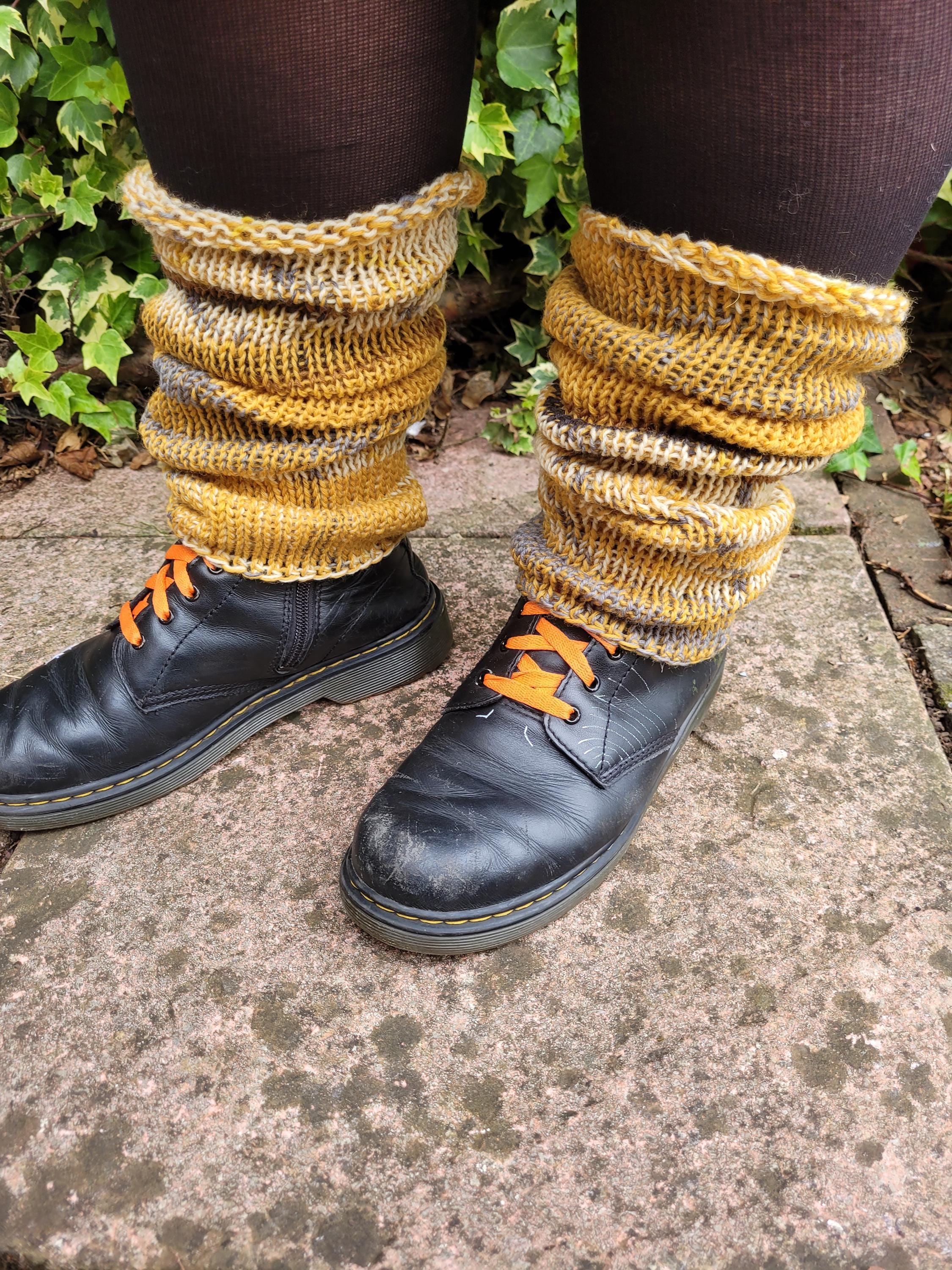 handmade leg warmers, woolen and warm,  yellow and grey