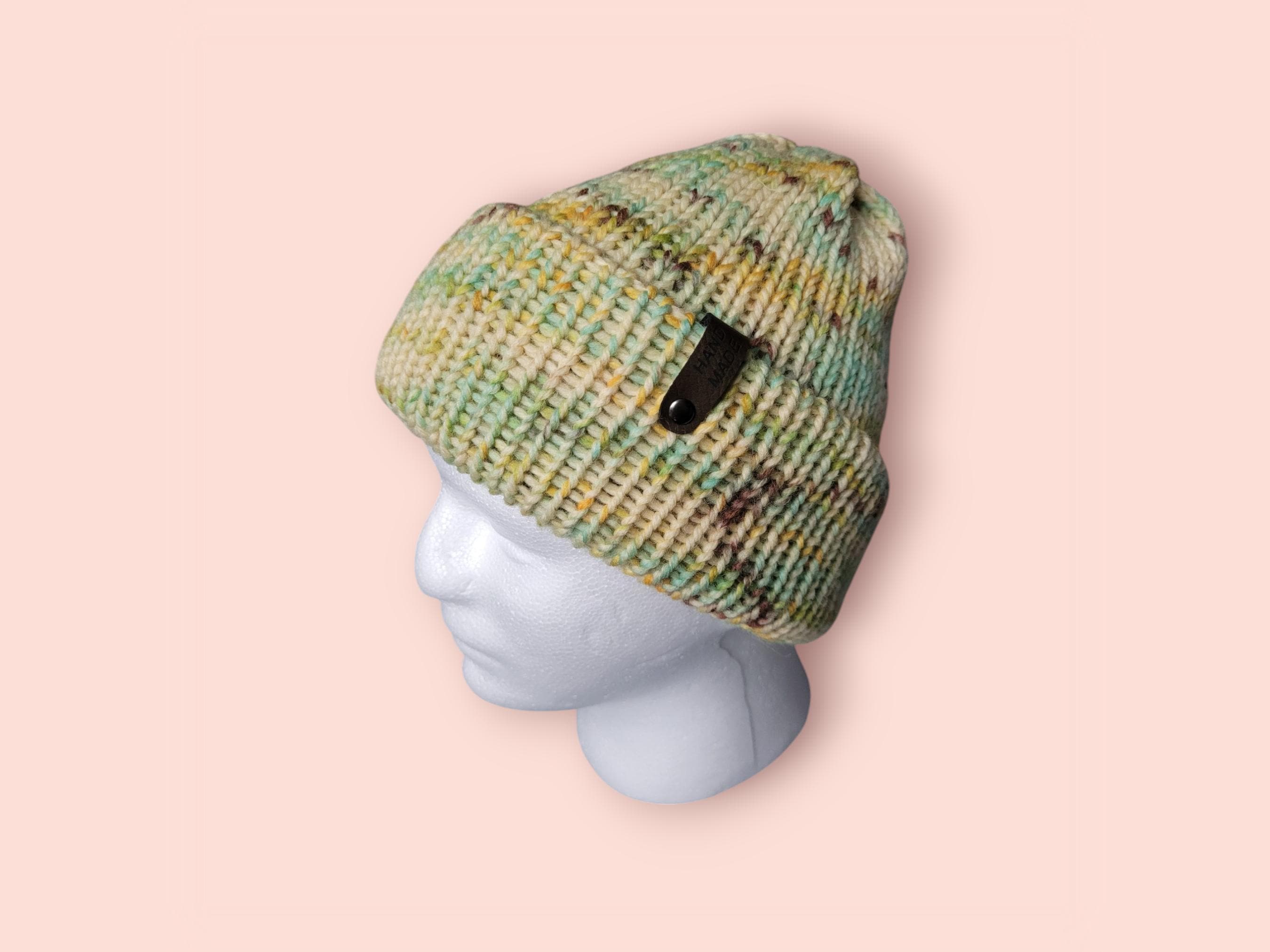 organic pure wool, very warm winter beanie hat, yellow with brown and brown speckles
