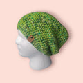 slouchy green marble beanie hat, with wool and merino, loose fit, hipster fit, breathable and soft,  comfortable beanie, bright colours