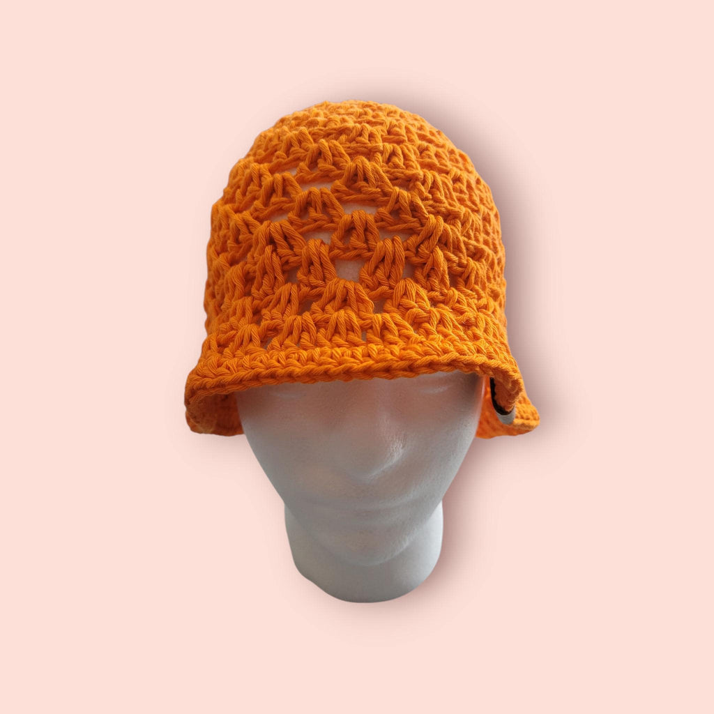 handmade crochet bucket hat,  cotton, bright orange, festival hat,  summer and beach hat