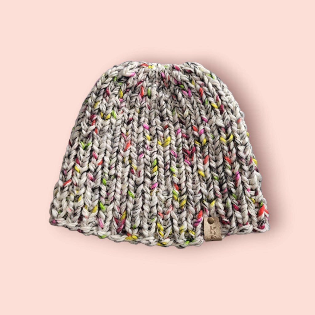 handmade knitted beanie hat, off white with splashes of colour, with merino wool, size L - XL