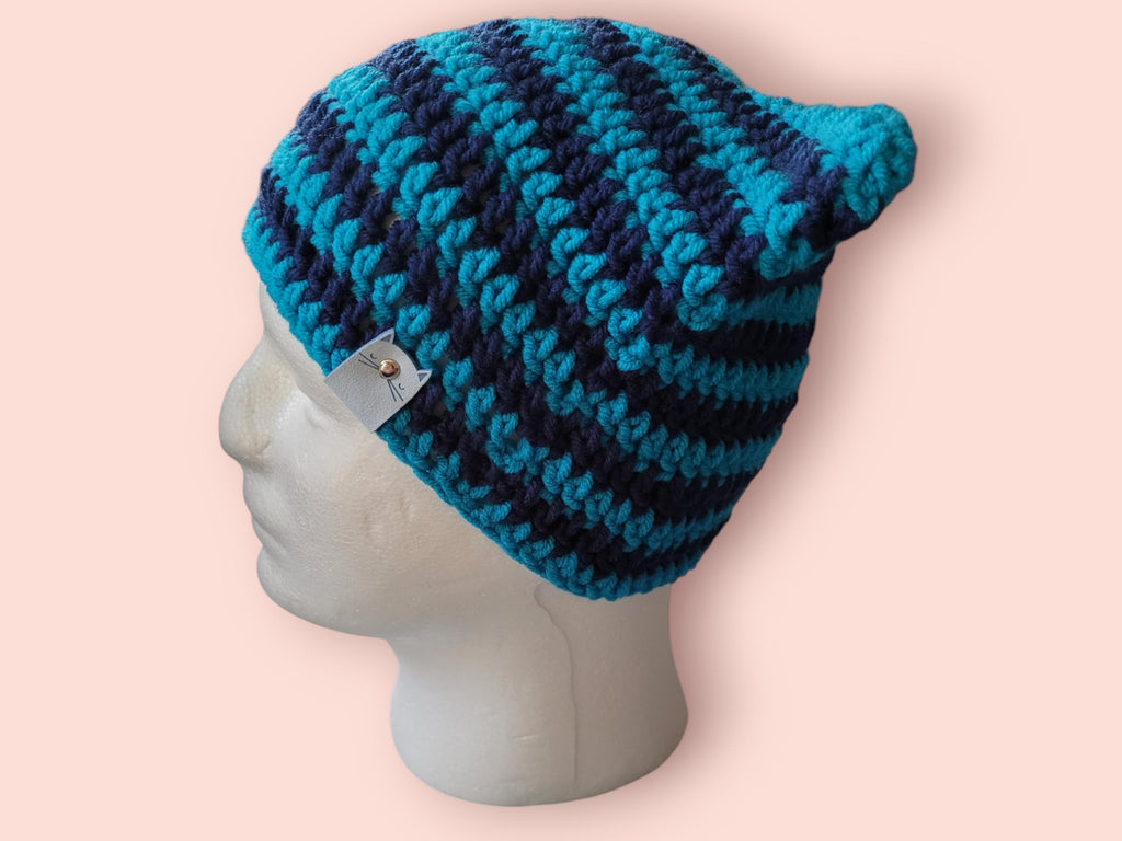 cat beanie cat hat turquoise and navy
