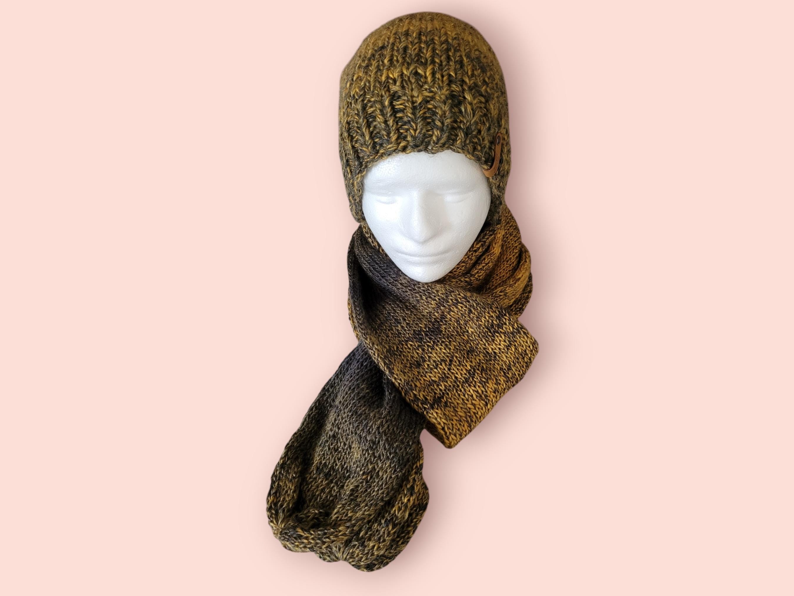 set of hat and scarf, silk and soft blend of wool and acrylic