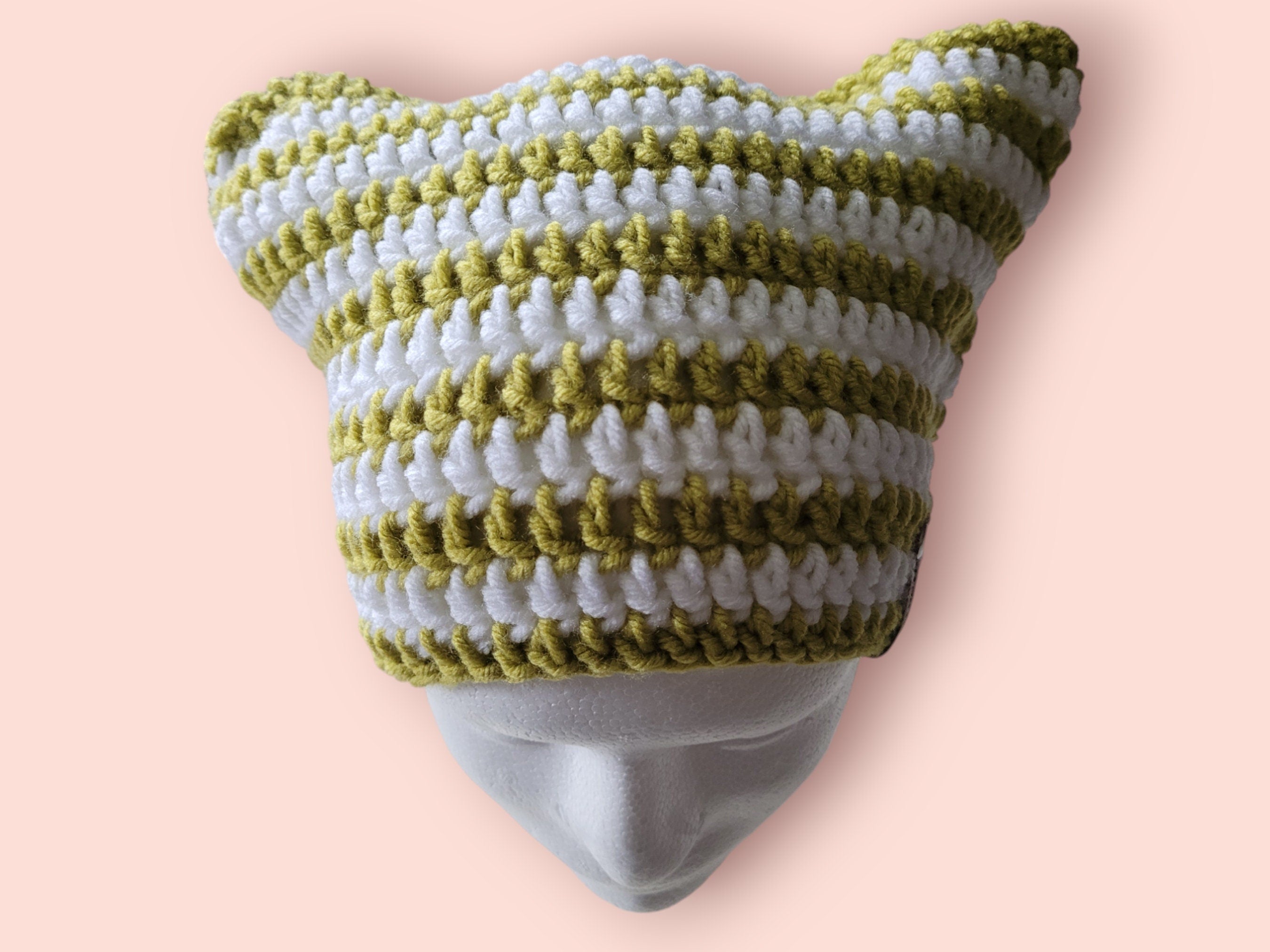 cat beanie hat lime green/white