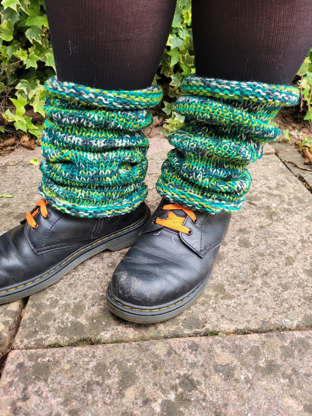 handmade leg warmers,  woolen and breathable,  shades of green,  dark grey and cream