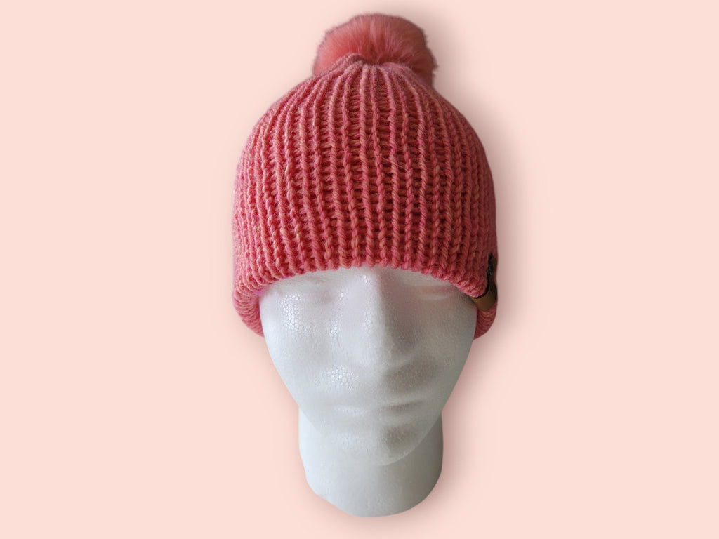 woolen beanie hat with pompom size S-M in coral colour