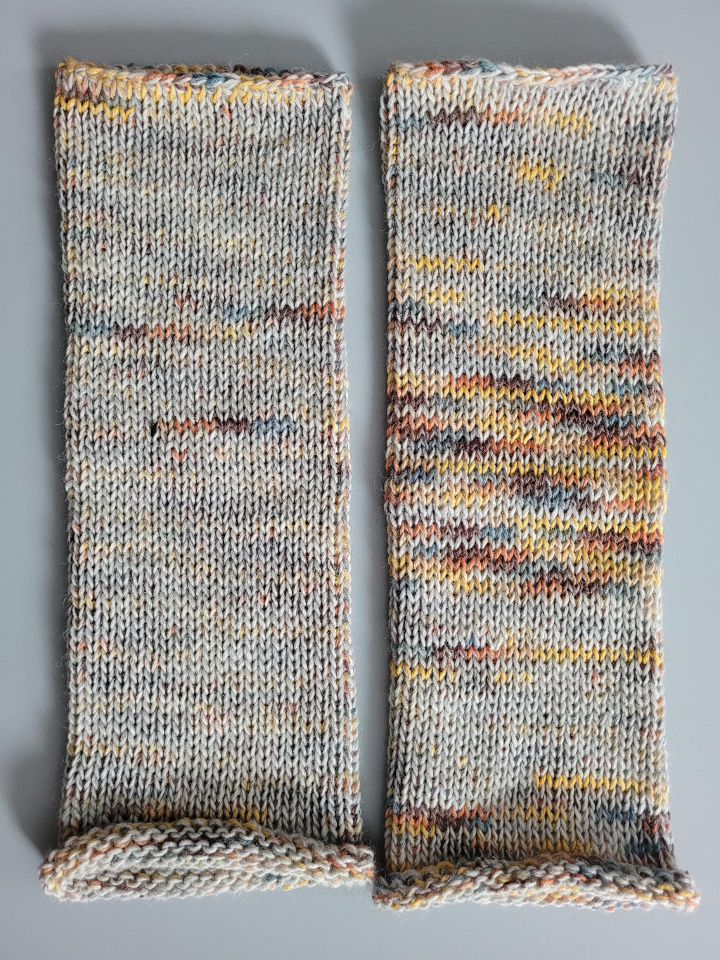handmade leg warmers,  woolen and warm, grey with yellow and blue