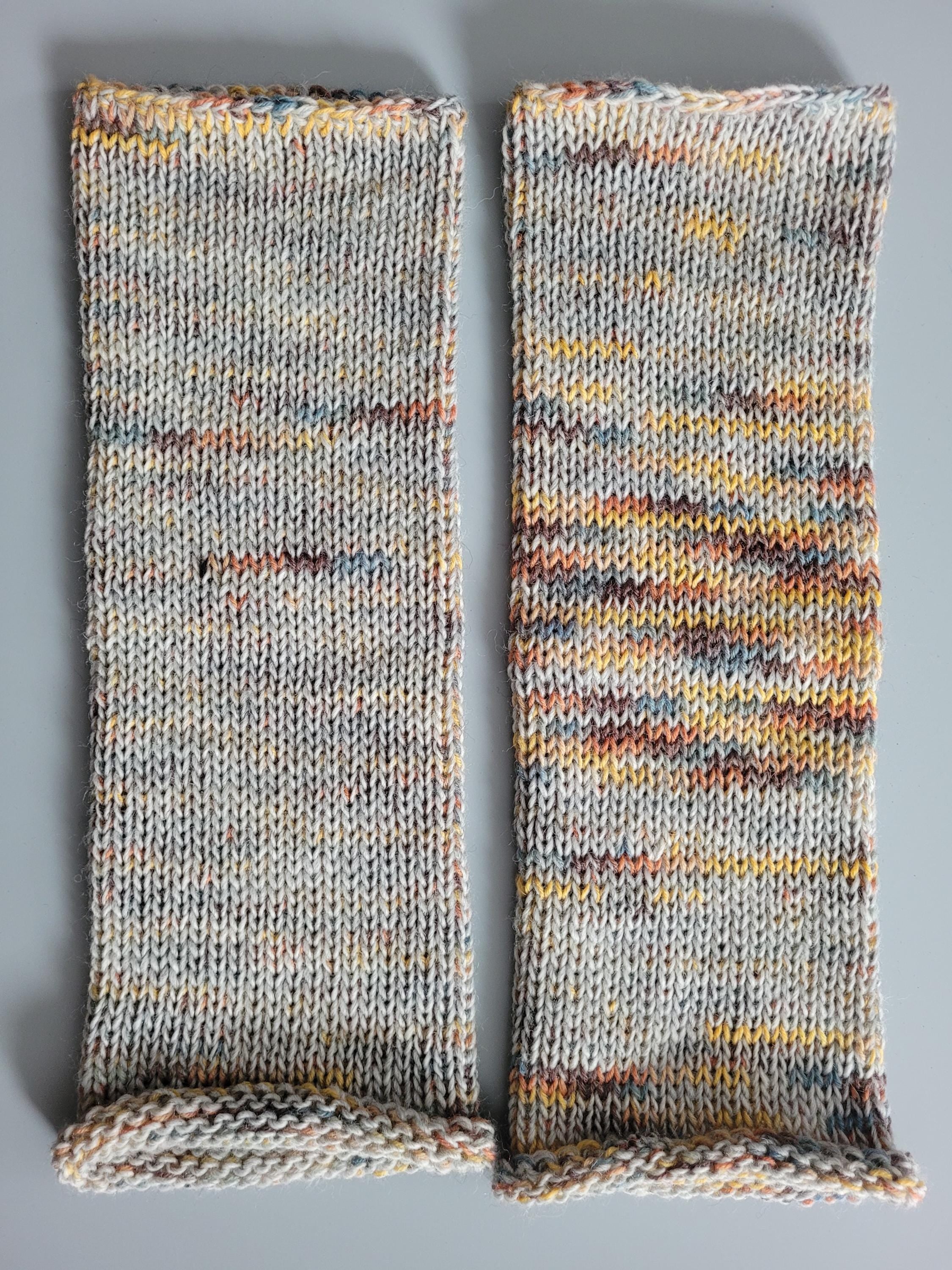 handmade leg warmers,  woolen and warm, grey with yellow and blue