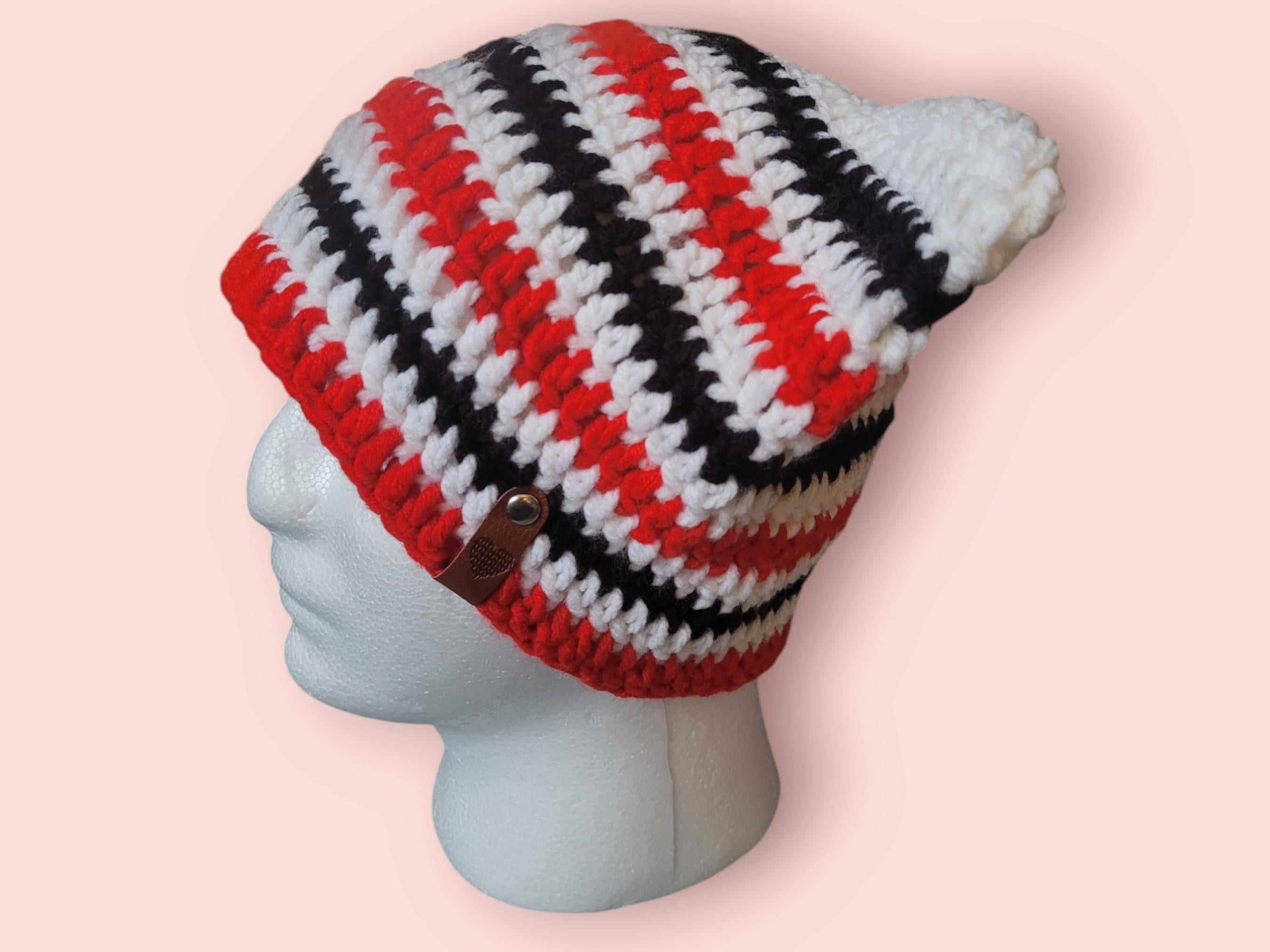 White, black and red cat beanie hat