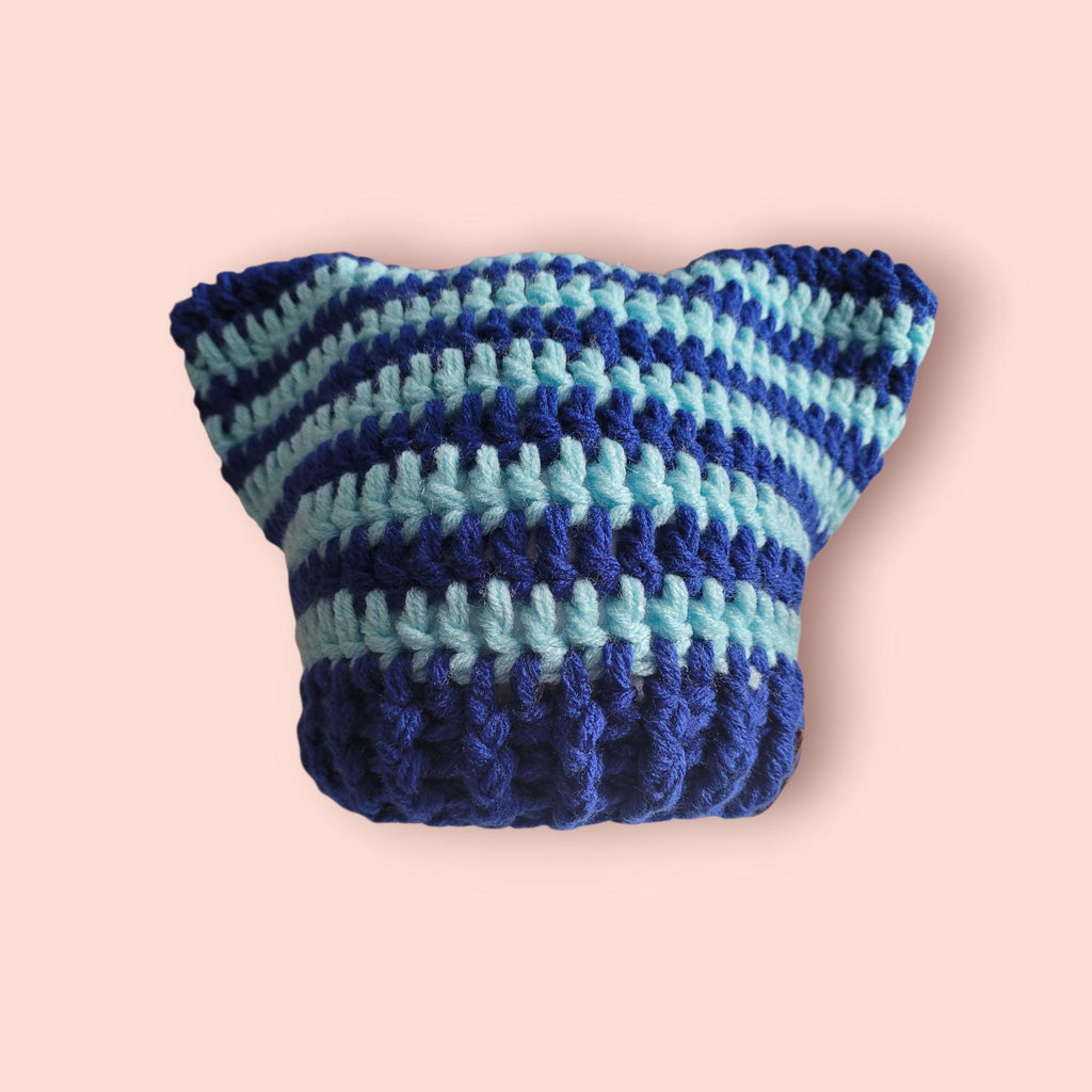 cat beanie hat, royal blue and baby blue, acrylic