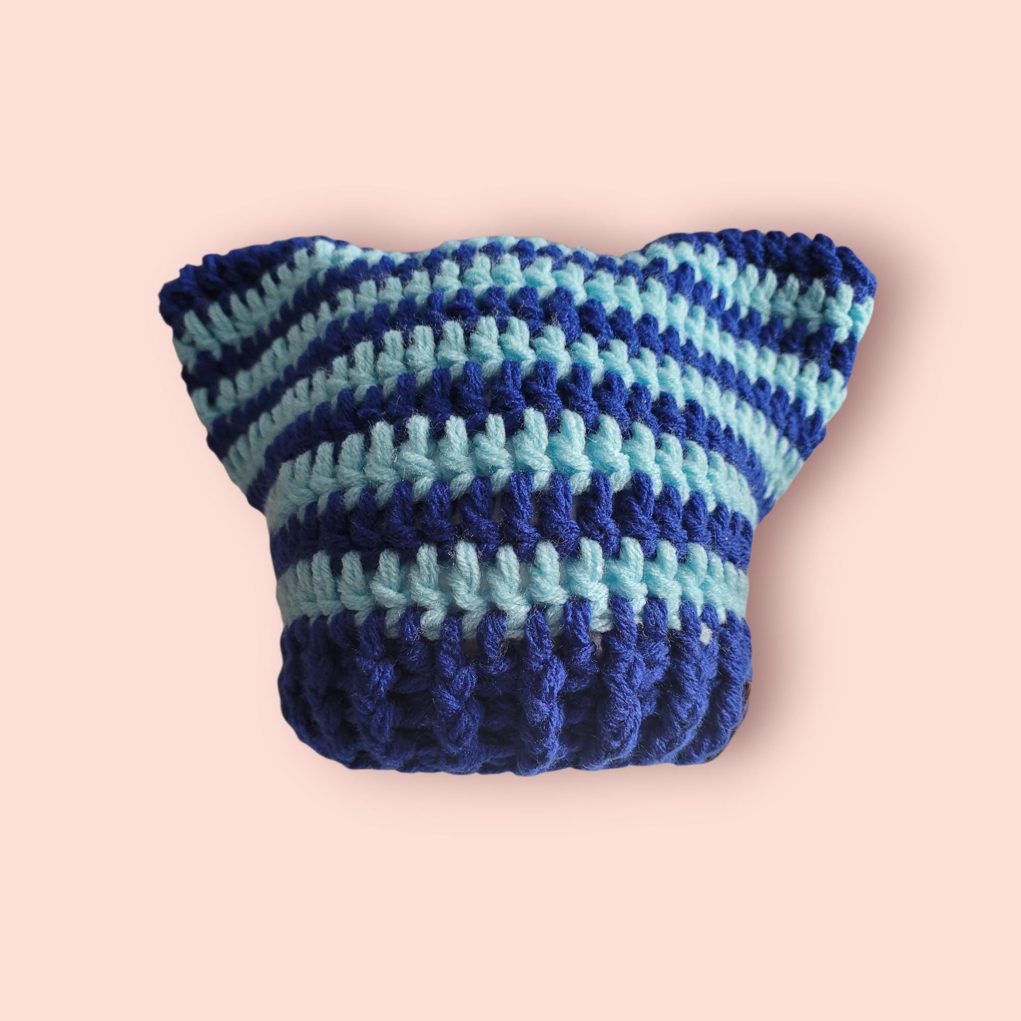 cat beanie hat, royal blue and baby blue, acrylic