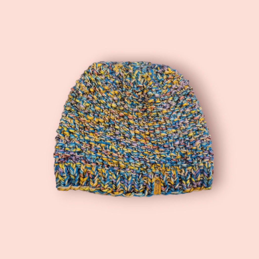 handmade XXL beanie, yellow and blue and other, with merino wool, wool and acrylic