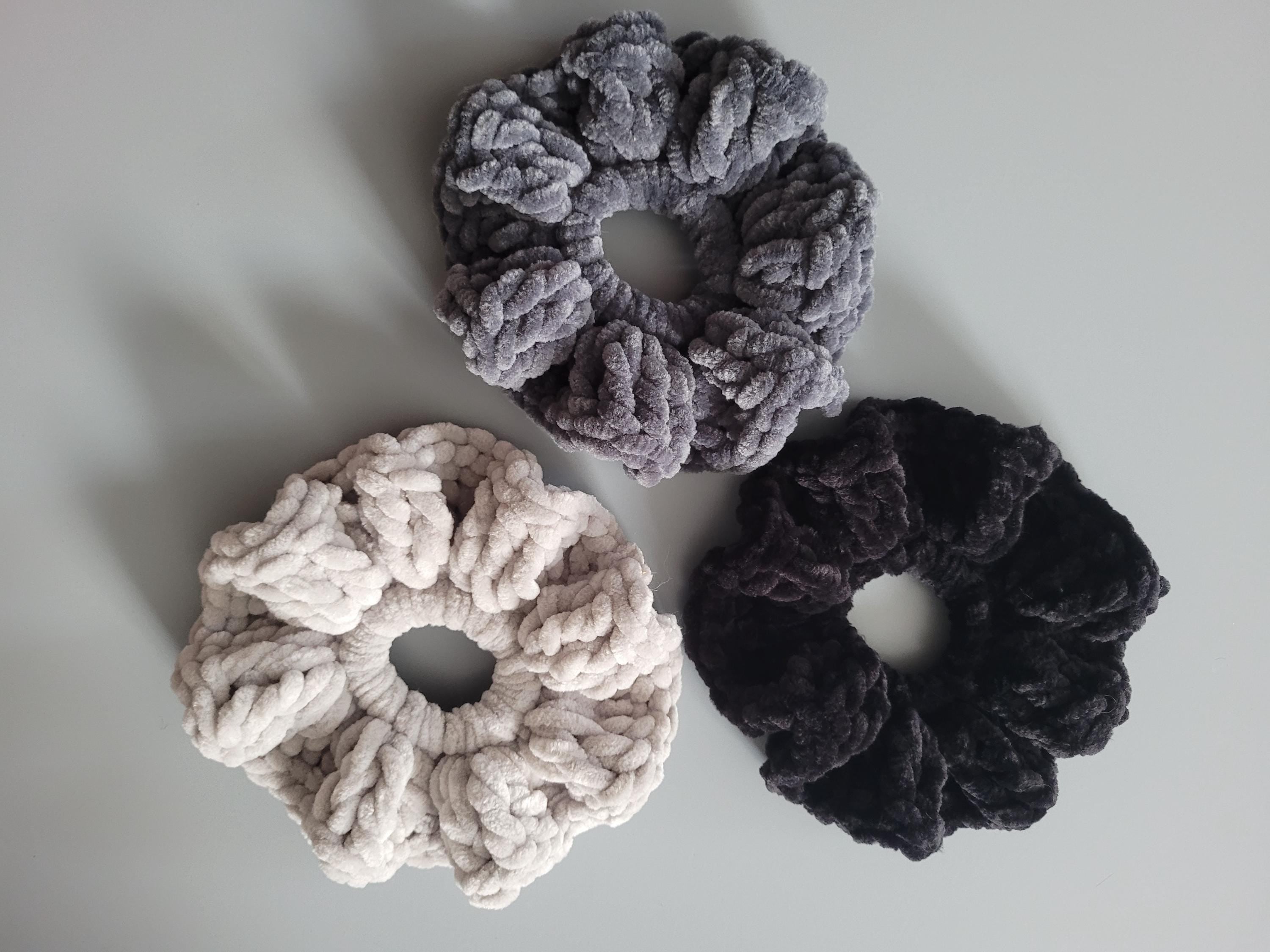 set of 3 scrunchies, black, dark grey, light grey