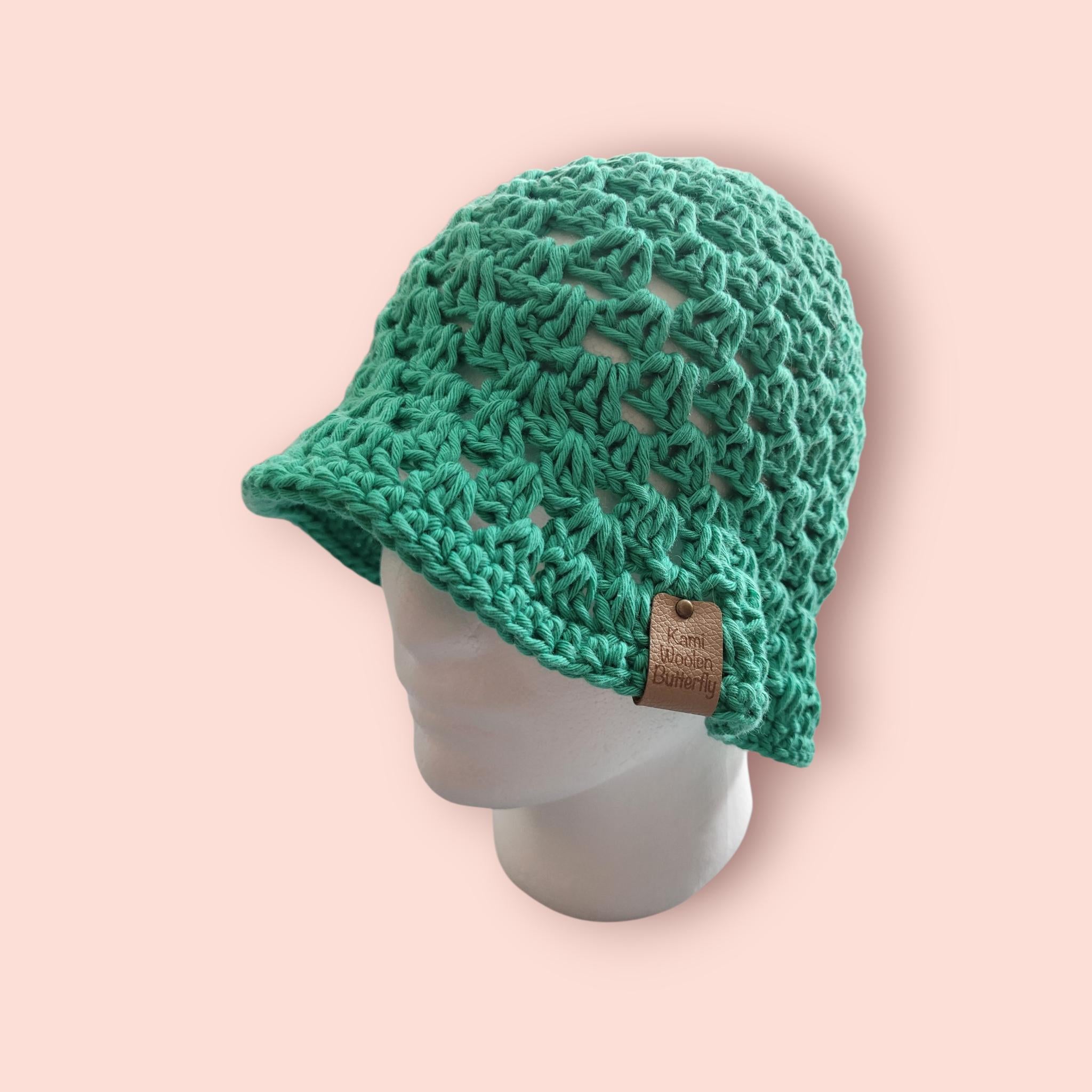 handmade crochet bucket hat,  green, cotton,  festival hat,  summer and beach hat