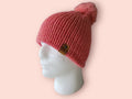 woolen beanie hat with pompom size S-M in coral colour