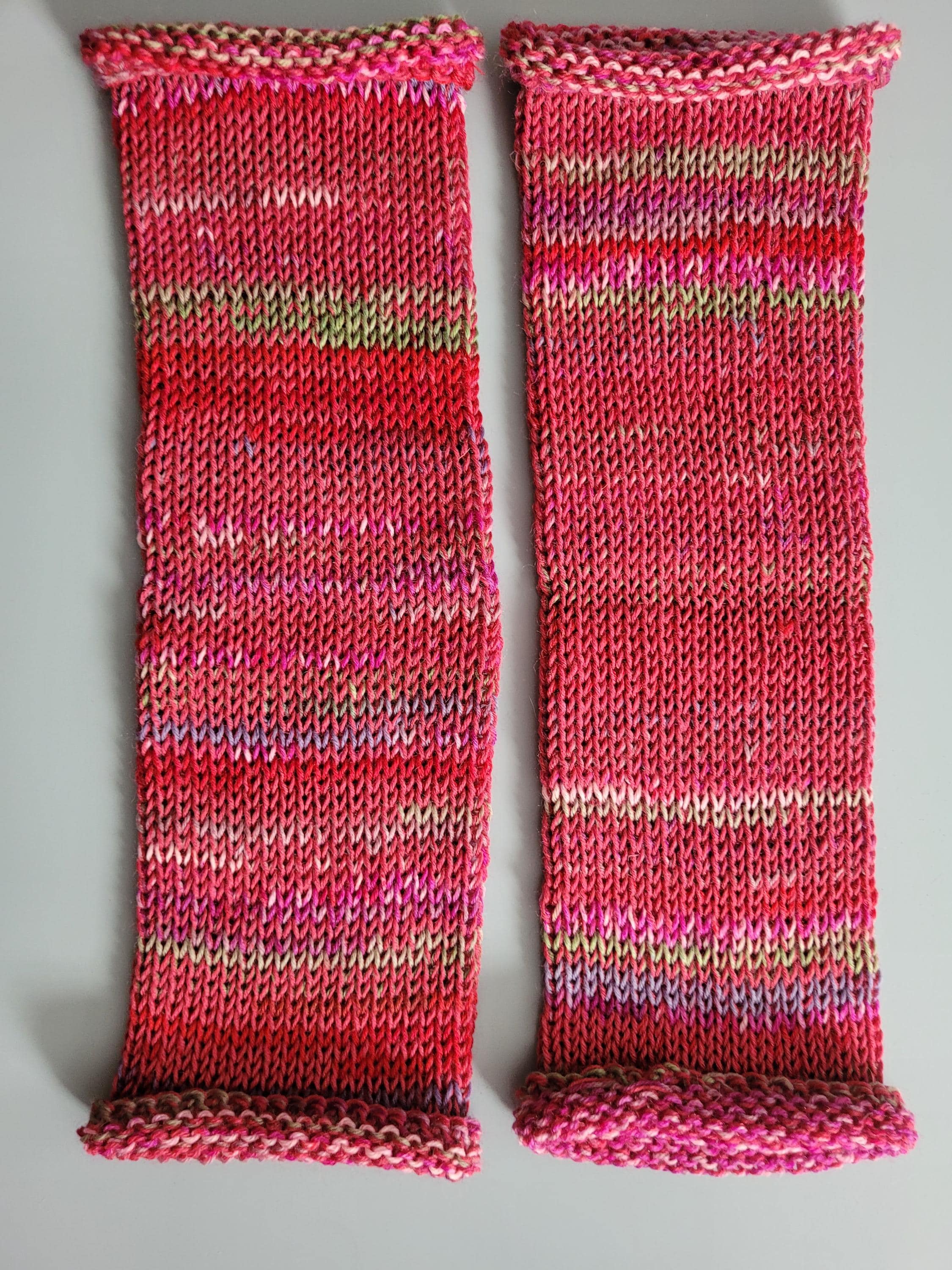 handmade leg warmers,  woolen and warm,  red with green