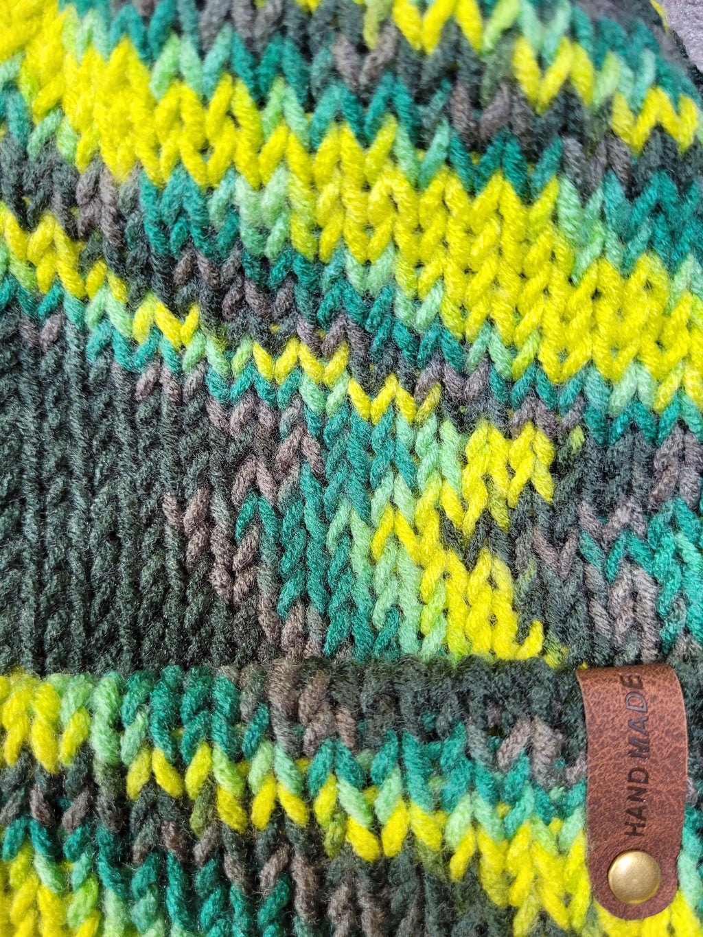 neon green, green and brown beanie hat