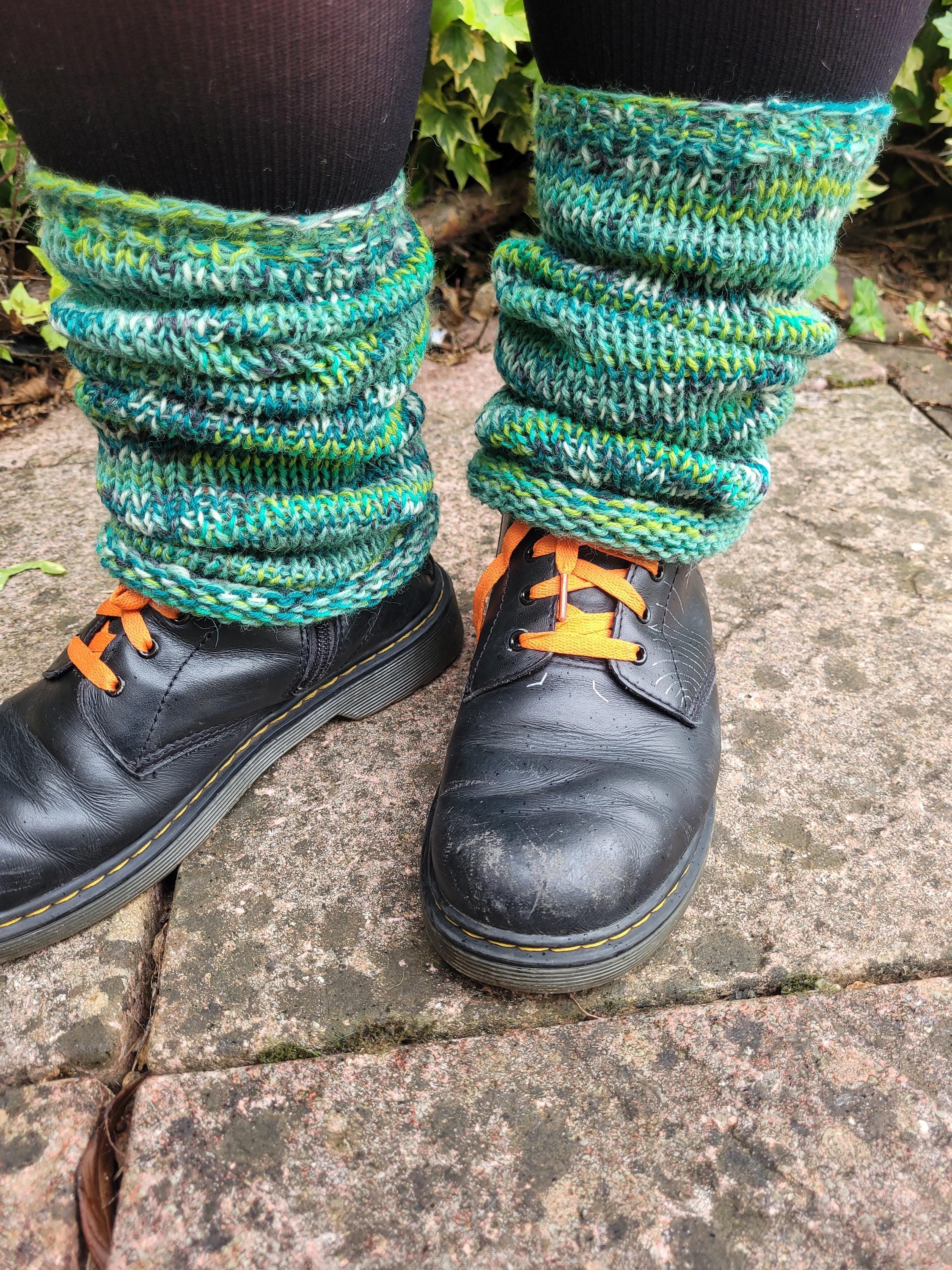 handmade leg warmers,  woolen and warm,  in greens