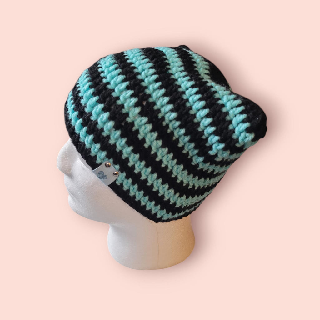 cat beanie hat black aqua handmade crochet